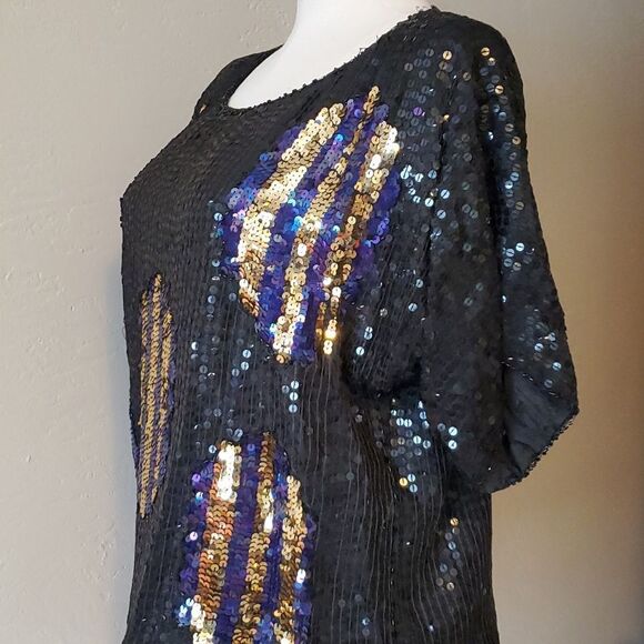 Vintage 90s Sequin black and gold Purple top  Medium - Picture 5 of 8